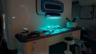 Subnautica 2 Repair Tool: A player looking at a Repair Tool fragment to scan on a desk inside a habitat.