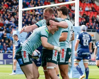 Leicester's Will Wand (left) celebrates after scoring at the CorpAcq Stadium.