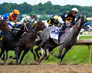 Napoleon Solo and jockey Paco Lopez are pictured at this year's Preakness Stakes.