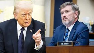 President Donald Trump pointing while Rep. Thomas Massie stands in a separate image