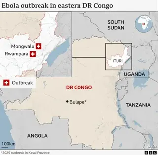 A map of DR Congo, showing Ituri, Mongwalu and Rwampara and Bulape, along with neighbouring countries Uganda, South Sudan, Tanzania and Angola