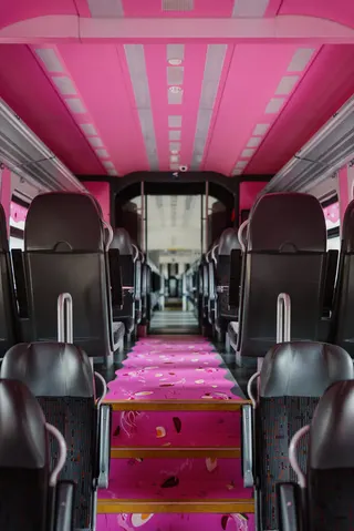 粉紅湯列車的地板上印有這道料理的食材圖案，包含甜菜根、小黃瓜與水煮蛋等。（Go Vilnius提供）中央社記者游堯茹維爾紐斯傳真　115年5月17日