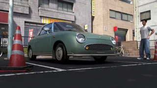 Forza Horizon 6 Treasure Cars: A character stood next to a 1991 Nissan Figaro parked outside a building.