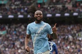 Manchester City's Antoine Semenyo celebrates after scoring the opening goal during the English FA Cup final soccer match between Chelsea and Manchester City in London, Saturday, May 16, 2026. (AP Photo/Richard Pelham)