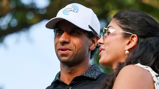 Aaron Rai and his wife Gaurika Bishnoi celebrate his US PGA title