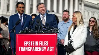 Getty Images Thomas Massie advocates for Epstein survivors on the steps of the US Capitol, alongside Democratic members of Congress and his fellow Republican Marjorie Taylor Greene
