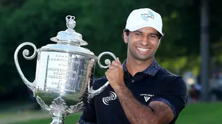 Aaron Rai with the US PGA Championship trophy