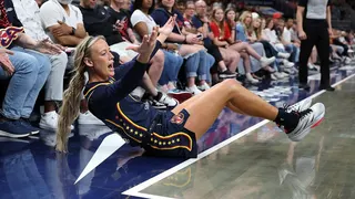Sophie Cunningham of the Indiana Fever complaining to a game official during a basketball game.