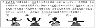 115年國中會考國文科第12題，要求考生根據古文描述判斷宋代「襆頭」樣式，正確答案為D。（翻攝國中教育會考官網）