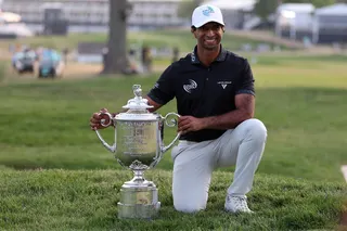 Aaron Rai poses with the trophy after winning the final round of the PGA Championship golf tournament. -- Pic by Bill Streicher-Imagn Images