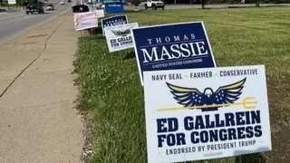 Anthony Zurcher/BBC Political yard signs line a major street in Kentucky, with a mix of signs supporting Ed Gallrein and Thomas Massie.