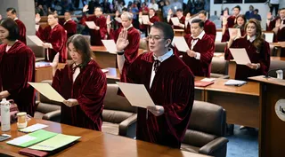 Philippine senators take their oath as jurors in the impeachment trial of Vice-President Sara Duterte at the plenary hall of the Senate in Manila on Monday. Photo: AFP