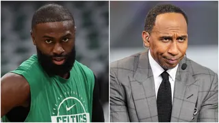 Side-by-side image of Celtics guard Jaylen Brown in a green Celtics warmup shirt and ESPN commentator Stephen A. Smith wearing a headset during a broadcast.