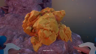 Subnautica 2 sulfur: A player looking at a large sulfur crystal embedded in a rocky pillar.