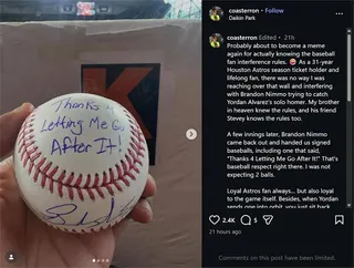 MLB(影)／遊騎兵外野手客場演出沒收全壘打美技！感謝太空人球迷沒干擾致贈簽名球