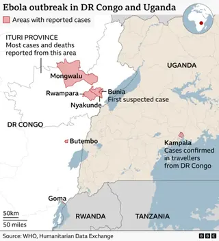 Map of eastern DR Congo and Uganda showing areas affected by an Ebola outbreak. Shaded red regions mark locations with reported cases, concentrated in Ituri province, including Mongwalu, Rwampara, Nyakunde, and nearby Bunia, identified as the site of the first suspected case. Additional smaller affected areas are shown around Butembo, Goma near the Rwanda border, and a location near Kampala in Uganda, where cases were confirmed in travellers from DR Congo. A locator inset highlights the region w