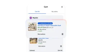 Google universal cart with Wayfair items that include a “lowest price in 30 days” notificaiton.