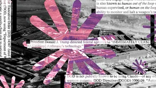 Illustrated collage of the Pentagon with snippets from a congressional document and the Anthropic splat logo overlaid randomly.