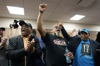Mike McCallahan, President of the Louisiana’s NAACP chapter and others protest in front of the hearing room, during a public hearing on redistricting as Louisiana Republicans pursue a new congressional voting map ahead of the November midterm elections, in Baton Rouge, Louisiana, U.S., May 8, 2026. REUTERS/Wayan Barre