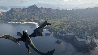 Kliff soars on a dragon over the lands of Crimson Desert.