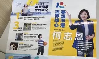 柯志恩最新紙本文宣摺成8頁，卻沒有任何一頁出現國民黨黨徽。 圖：蔡秉璁/提供