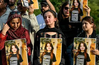 Women activists holding photographs of Sana Yousaf take part in a demonstration condemning violence against women in Islamabad on June 5, 2025. Photo: AFP