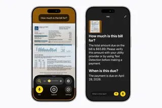An iPhone screen on the left shows the Magnifier app capturing an energy bill as the user asks “How much is the bill for?” while an iPhone screen on the right provides a detailed response about the total amount due as well as the due date.