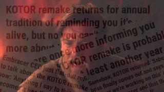 Obi-wan experiencing a moment of angst, overlaid atop numerous PC Gamer headlines about the KOTOR remake announcing it's still alive.