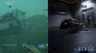 A scannable feedback resonator inside a wrecked ship in Subnautica 2