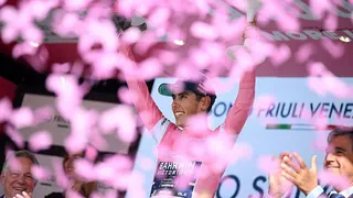 Afonso Eulalio on the podium after the Giro d'Italia stage 10 time trial