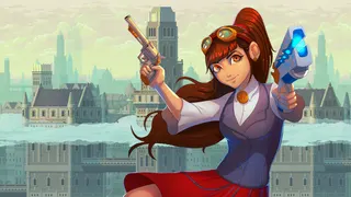 A woman holds two guns with a city skyline behind her