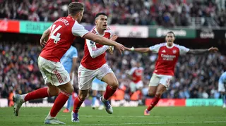 Arsenal's Gabriel Martinelli celebrates a late equalising goal against Manchester City at Emirates Stadium