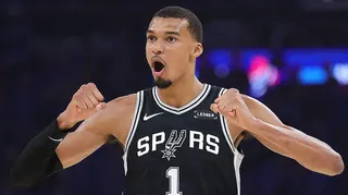 Victor Wembanyama with clenched fists during the San Antonio Spurs' win in game one of their NBA play-off series against the Oklahoma City Thunder in 2026