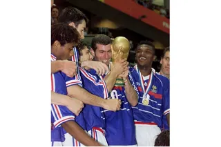 This file picture shows France players (from left) Bernard Diomede, Robert Pires, Bixente Lizarazu, Zinedine Zidane, Marcel Desailly and Laurent Blanc celebrating with the Fifa World Cup trophy after their 1998 final against Brazil at the Stade de France in Saint-Denis, July 12, 1998. — AFP pic