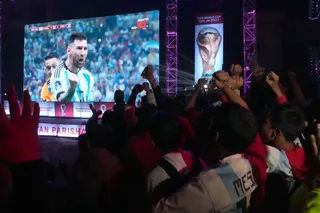 Indian supporters of Argentina celebrate after Argentina won FIFA World Cup final match against France in Qatar, in Kolkata, India, Monday, Dec. 19, 2022. (AP Photo/Bikas Das)