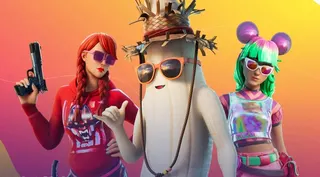 Peely is shirt-less next to two women.