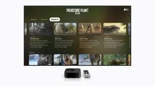 The Apple TV interface shows a menu for the show “Prehistoric Planet: Ice Age” with the standard text size.