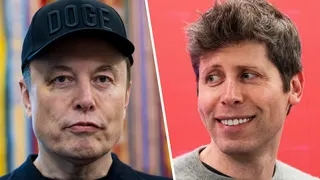 A photo collage showing Elon Musk wearing a "DOGE" hat and Sam Altman smiling.