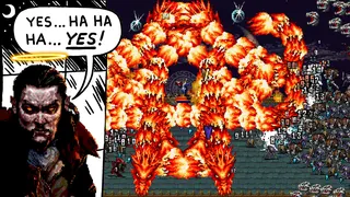 Dracula from Vampire Survivors as the Sickos guy, with a halo, looking at a screenshot of what is now classified as a bullet heaven game
