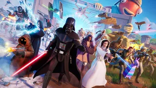 An image full of brightly coloured Star Wars characters all gesticulating at the camera. There are dozens of them here, casting lighting, shooting blasters, and so on. They're led by the all-in-black icon that is Darth Vader.