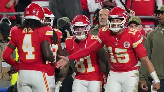 Kansas City Chiefs wide receiver Rashee Rice celebrating touchdown with quarterback Patrick Mahomes at Arrowhead Stadium
