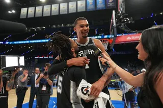 OKLAHOMA CITY, OK - MAY 18: Stephon Castle #5 and Victor Wembanyama #1 of the San Antonio Spurs celebrate after the game against the Oklahoma City Thunder during Game One of the NBA Western Conference Finals on May 18, 2026 at Paycom Center in Oklahoma City, Oklahoma. NOTE TO USER: User expressly acknowledges and agrees that, by downloading and or using this photograph, User is consenting to the terms and conditions of the Getty Images License Agreement. Mandatory Copyright Notice: Copyright 202