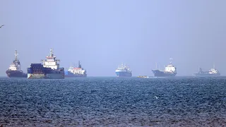 Ships anchored in the Strait of Hormuz off Bandar Abbas in southern Iran