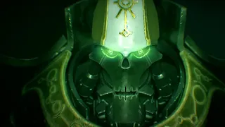 A necron stares, intently with the cold regard of machinery, at the camera in Warhammer 40k: Mechanicus 2.