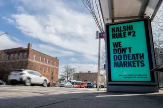 An advertisement at a bus stop says, "Kalshi rule #2: We don't do death markets," and that "Kalshi is a federally regulated US exchange."
