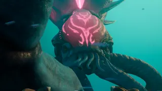 Subnautica 2 Alien Ruins: A Collector Leviathan grabbing the player.
