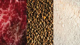 Composite showing meat, lentils and protein powder.
