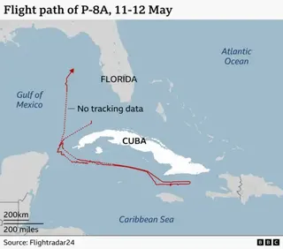 A map of Cuba, Florida and surrounding areas, a flight path of a P-8A Poseidon on 11-12 May. The aircraft flies eastwards in a flight path to the south of Cuba along its entire length, loops around on itself and flies back. The tracking signal cuts out to the west of Cuba and then returns directly to the north to the west of Florida.
