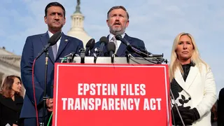 Rep. Thomas Massie flanked by Reps. Ro Khanna and Marjorie Taylor Greene in 2025