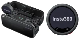 The Insta360 Mic Pro transmitter on its own next to a full kit that includes a charging case.